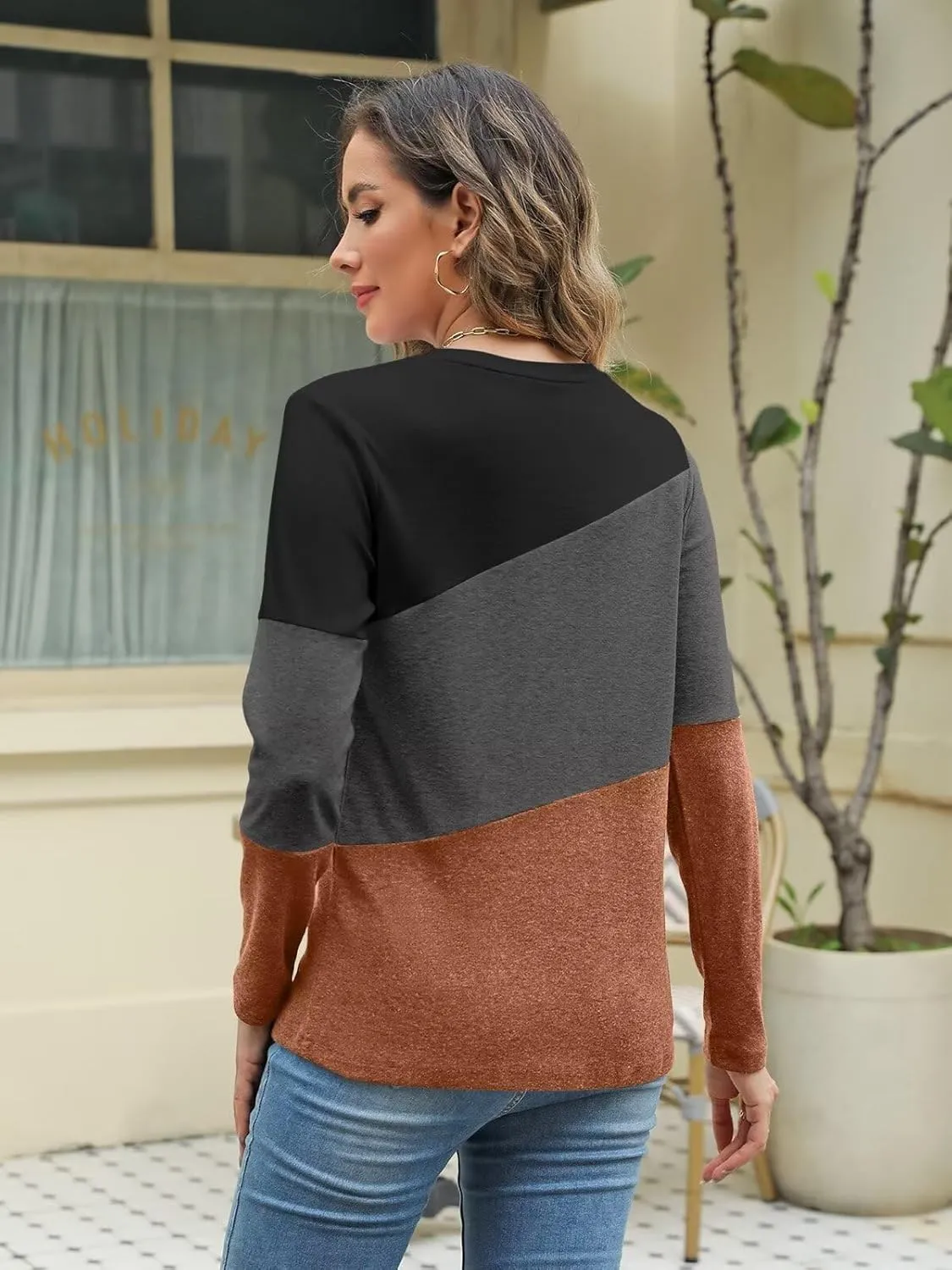 Minetom Women's Color Block Tops Casual Long Sleeve Tunic Round Neck Pullover Shirts