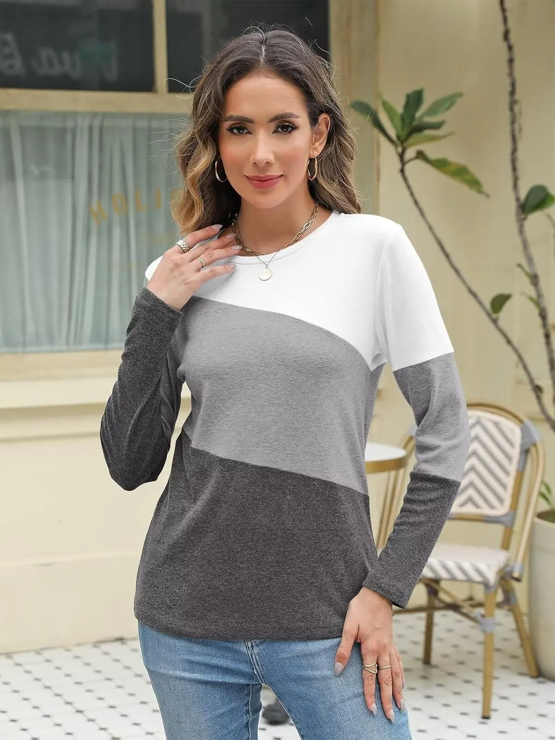 Minetom Women's Color Block Tops Casual Long Sleeve Tunic Round Neck Pullover Shirts