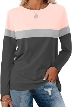 Minetom Women's Color Block Tunic Tops Casual Long Sleeve Shirts Round Neck Pullover