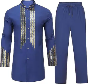 Muslim Clothes for Men 2 Piece Set Muslim Gown Shirt Set Graphic Casual Long Sleeve Kaftan Robe Henley Shirts & Pants