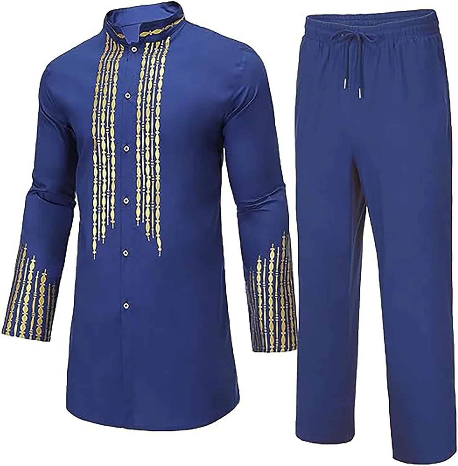 Muslim Clothes for Men 2 Piece Set Muslim Gown Shirt Set Graphic Casual Long Sleeve Kaftan Robe Henley Shirts & Pants