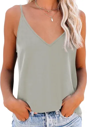 OMSJ Women's Spaghetti Strap Tank Tops V Neck Sleeveless Summer Loose Fit Shirts