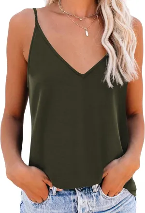 OMSJ Women's Spaghetti Strap Tank Tops V Neck Sleeveless Summer Loose Fit Shirts