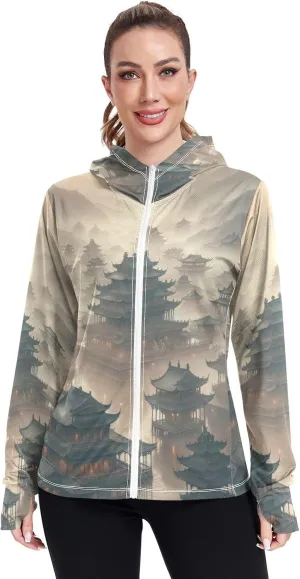 Orange Womens Upf Hoodie UPF 50  UV Sun Protection Clothing Women's Hoodie Zip Front Rash Guard