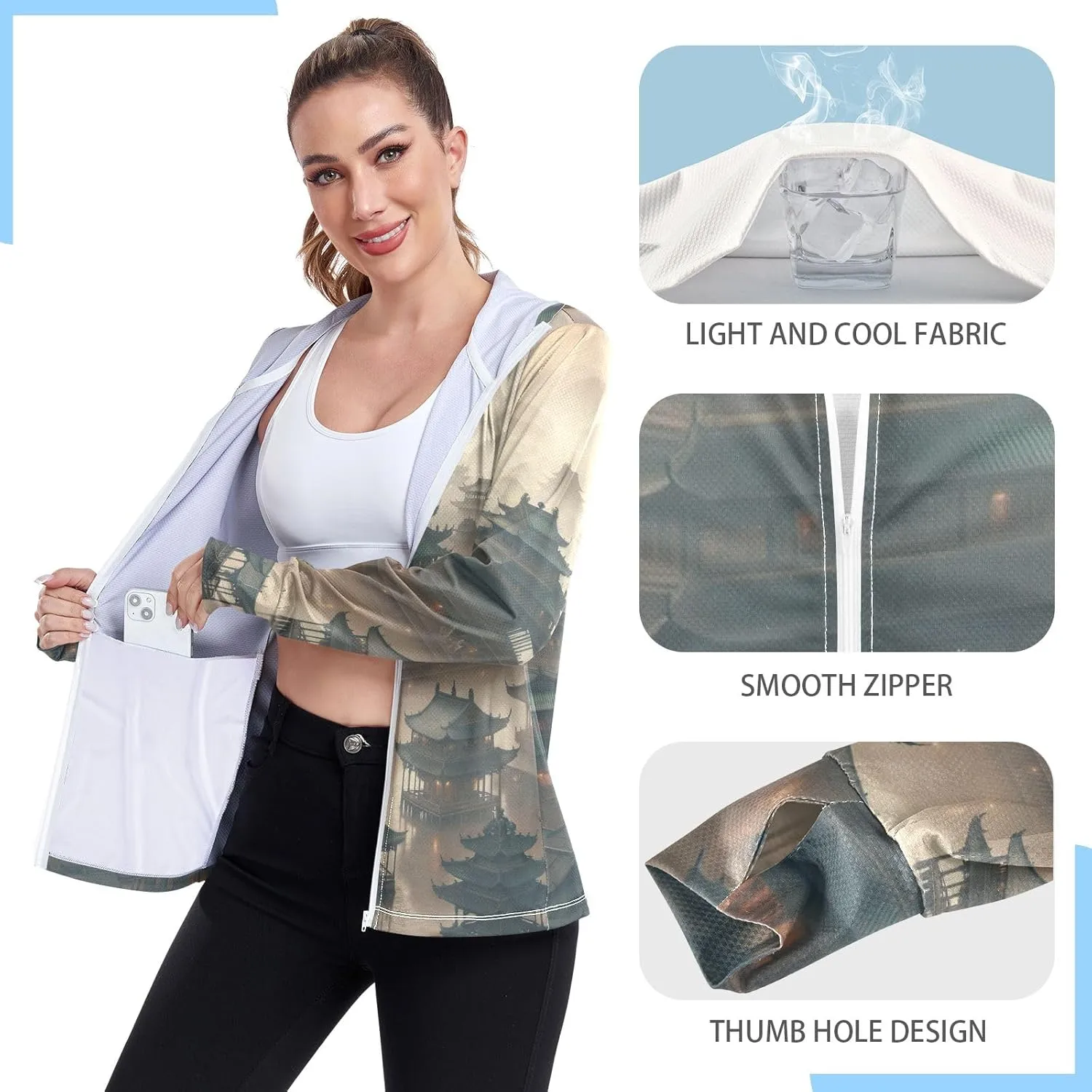 Orange Womens Upf Hoodie UPF 50  UV Sun Protection Clothing Women's Hoodie Zip Front Rash Guard