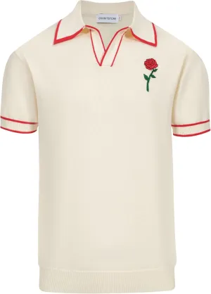 OXKNIT Men's Knit Vintage Polo Shirts Short-Sleeve Casual V Neck Shirt with Embroidered Rose for Sport Work