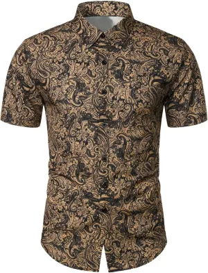 OYOANGLE Men's Paisley Button Down Shirt Short Sleeve Holiday Casual Collared Shirts