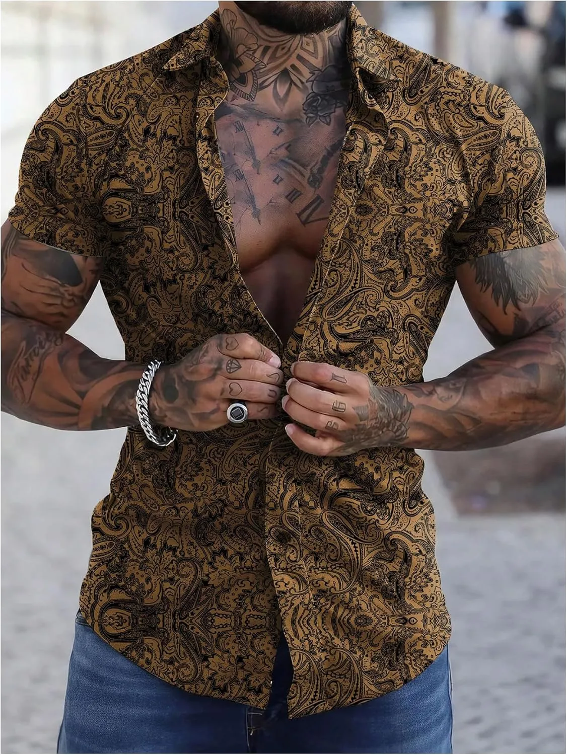 OYOANGLE Men's Paisley Button Down Shirt Short Sleeve Holiday Casual Collared Shirts