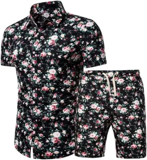 PASOK Men's Floral 2 Piece Tracksuit Casual Button Down Short Sleeve Hawaiian Shirt and Shorts Suit