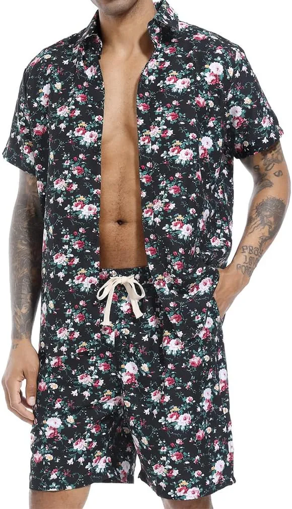 PASOK Men's Floral 2 Piece Tracksuit Casual Button Down Short Sleeve Hawaiian Shirt and Shorts Suit