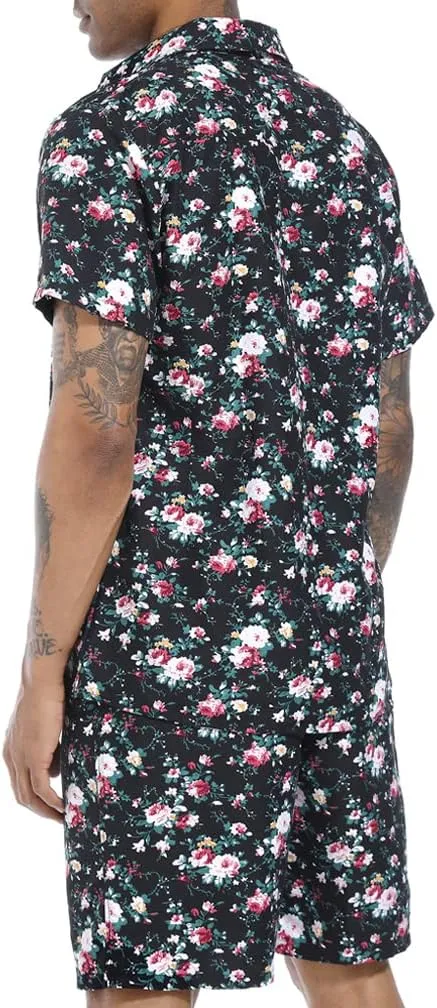 PASOK Men's Floral 2 Piece Tracksuit Casual Button Down Short Sleeve Hawaiian Shirt and Shorts Suit