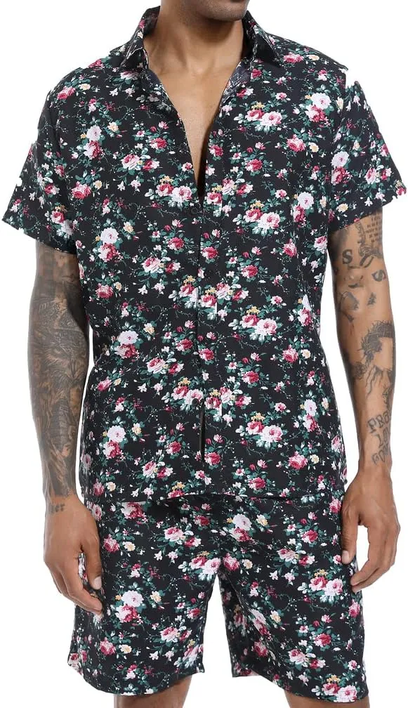 PASOK Men's Floral 2 Piece Tracksuit Casual Button Down Short Sleeve Hawaiian Shirt and Shorts Suit