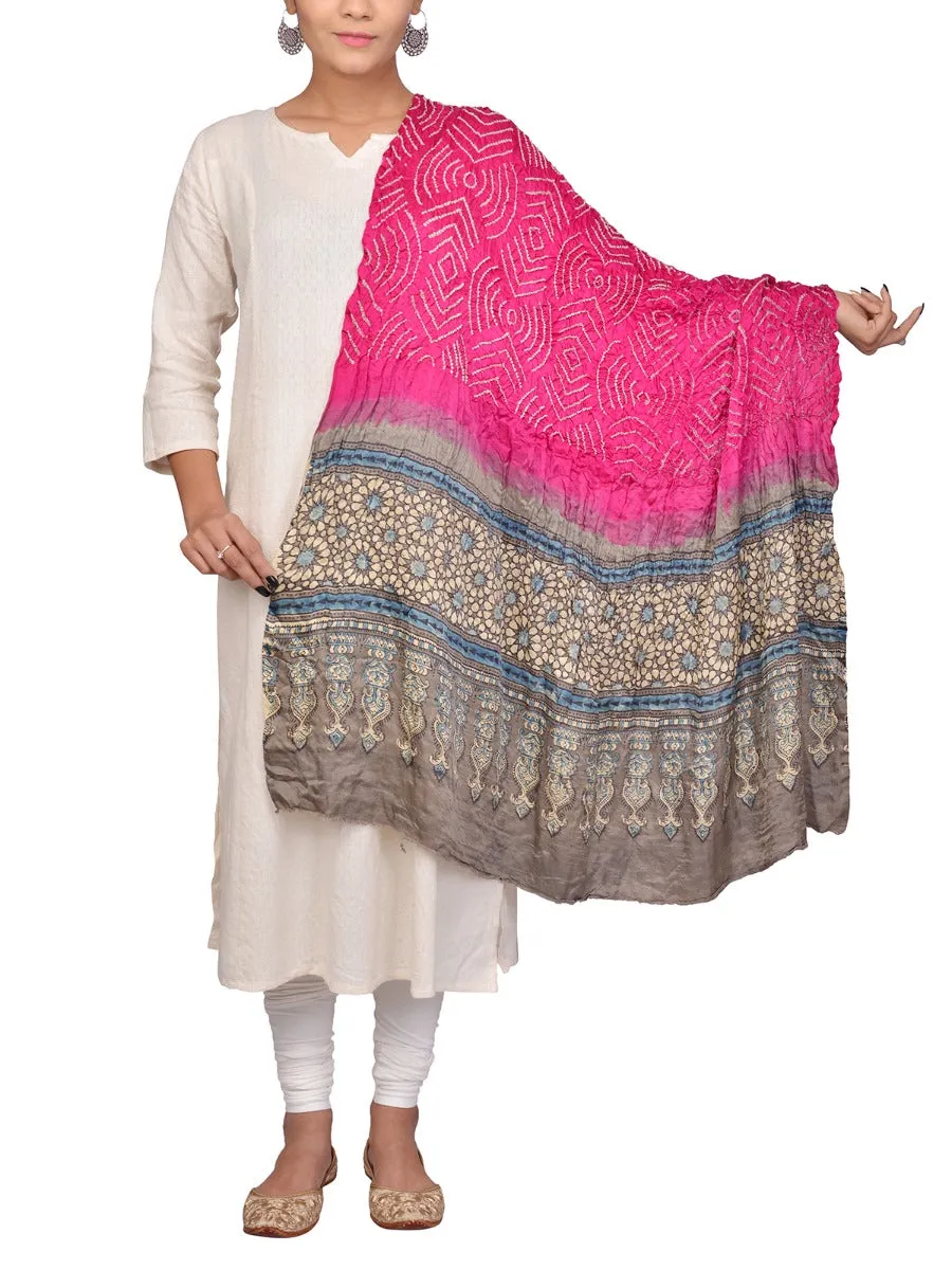 Pink- Multi-color Gajji Silk Ajrakh Bandhani Printed Dupatta