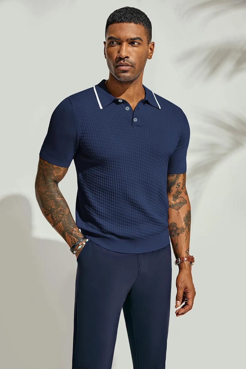 PJ PAUL JONES Men's Short Sleeve Knit Polo Shirts Waffle Texture Knit Shirt