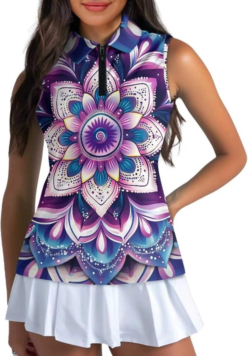 POLERO Sleeveless Women Golf Shirts Zip Up V Neck Workout Tops with Collar Casual Athletic Shirt
