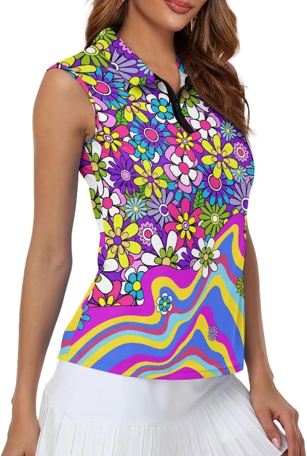 POLERO Sleeveless Women Golf Shirts Zip Up V Neck Workout Tops with Collar Casual Athletic Shirt