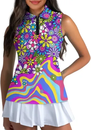POLERO Sleeveless Women Golf Shirts Zip Up V Neck Workout Tops with Collar Casual Athletic Shirt