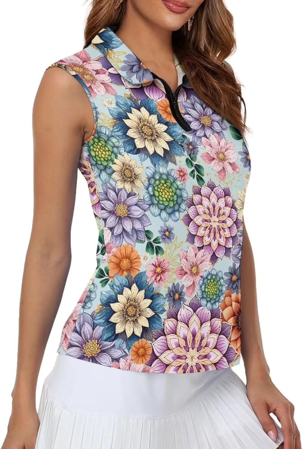 POLERO Sleeveless Women Golf Shirts Zip Up V Neck Workout Tops with Collar Casual Athletic Shirt