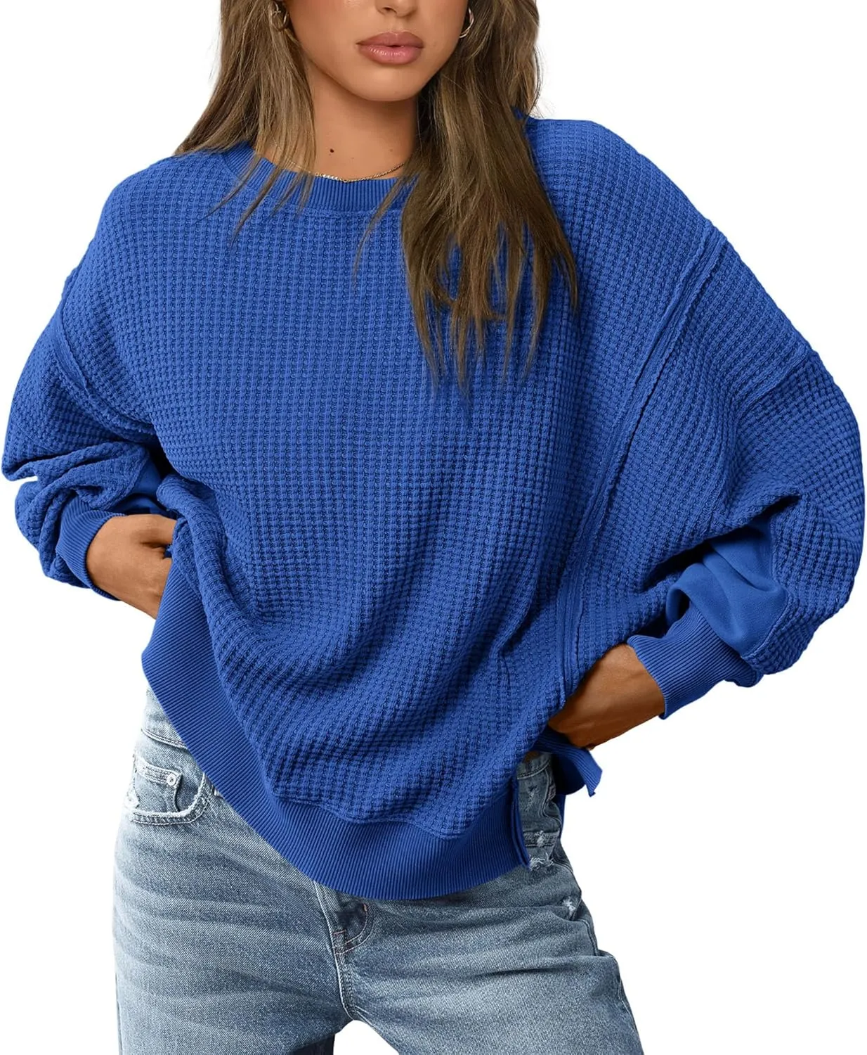 PRETTYGARDEN Women's Oversized Crewneck Sweatshirts Fall Fashion Casual Long Sleeve Pullover Waffle Knit Spring Shirts Top