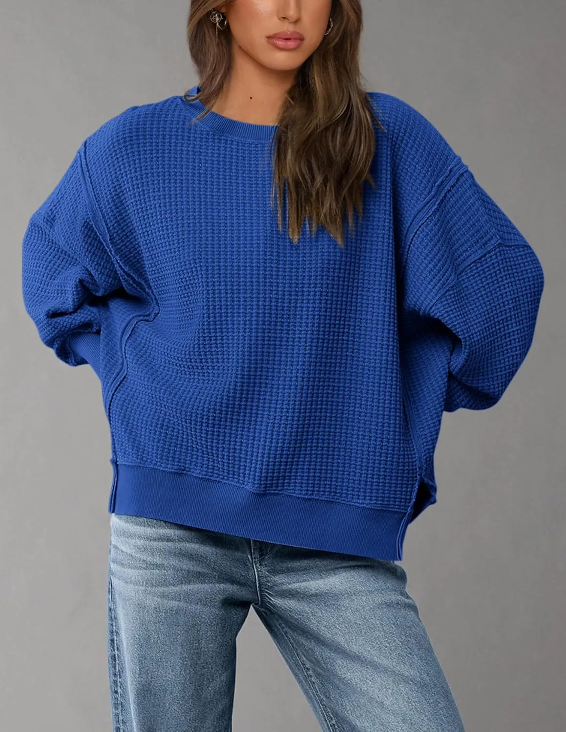 PRETTYGARDEN Women's Oversized Crewneck Sweatshirts Fall Fashion Casual Long Sleeve Pullover Waffle Knit Spring Shirts Top