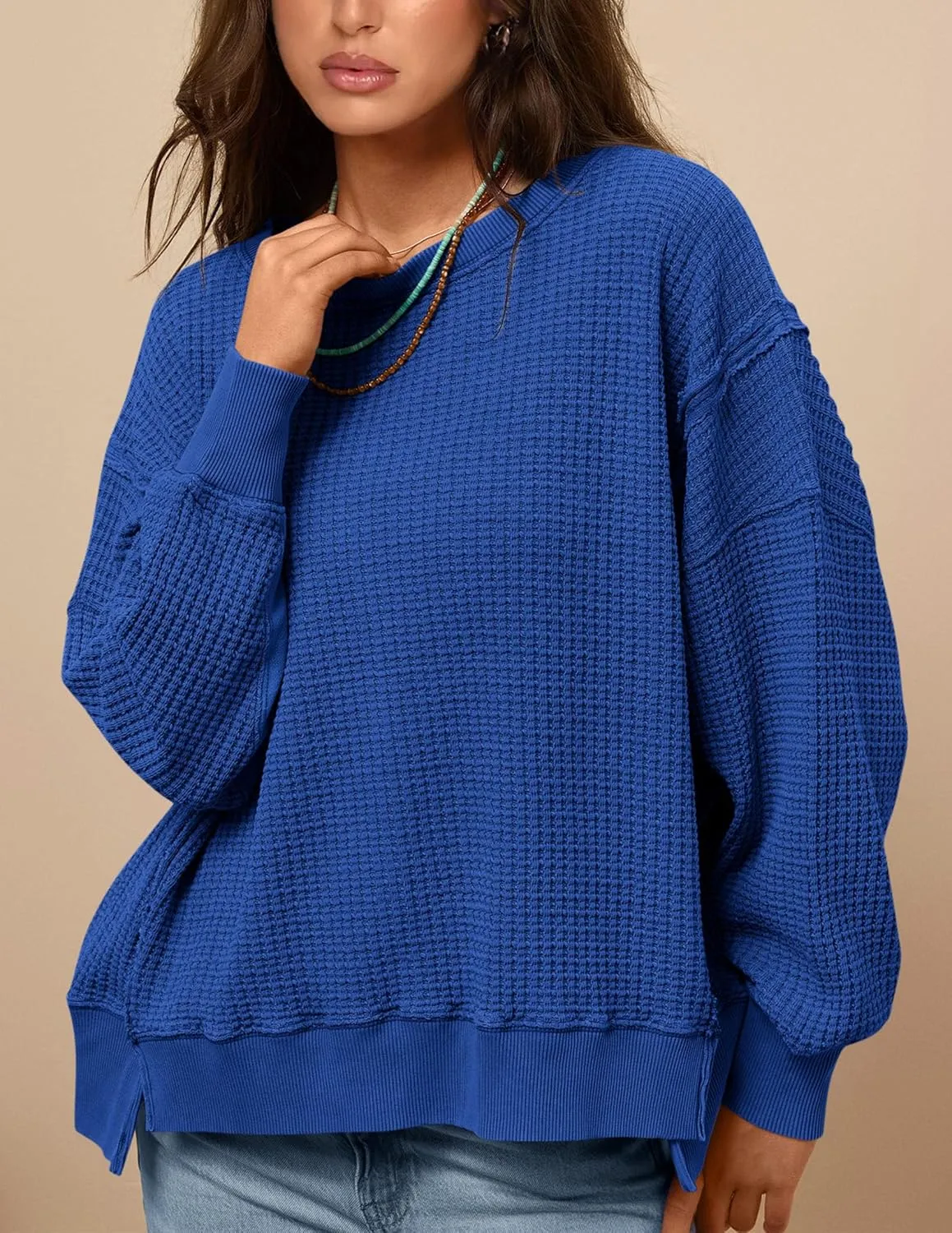 PRETTYGARDEN Women's Oversized Crewneck Sweatshirts Fall Fashion Casual Long Sleeve Pullover Waffle Knit Spring Shirts Top