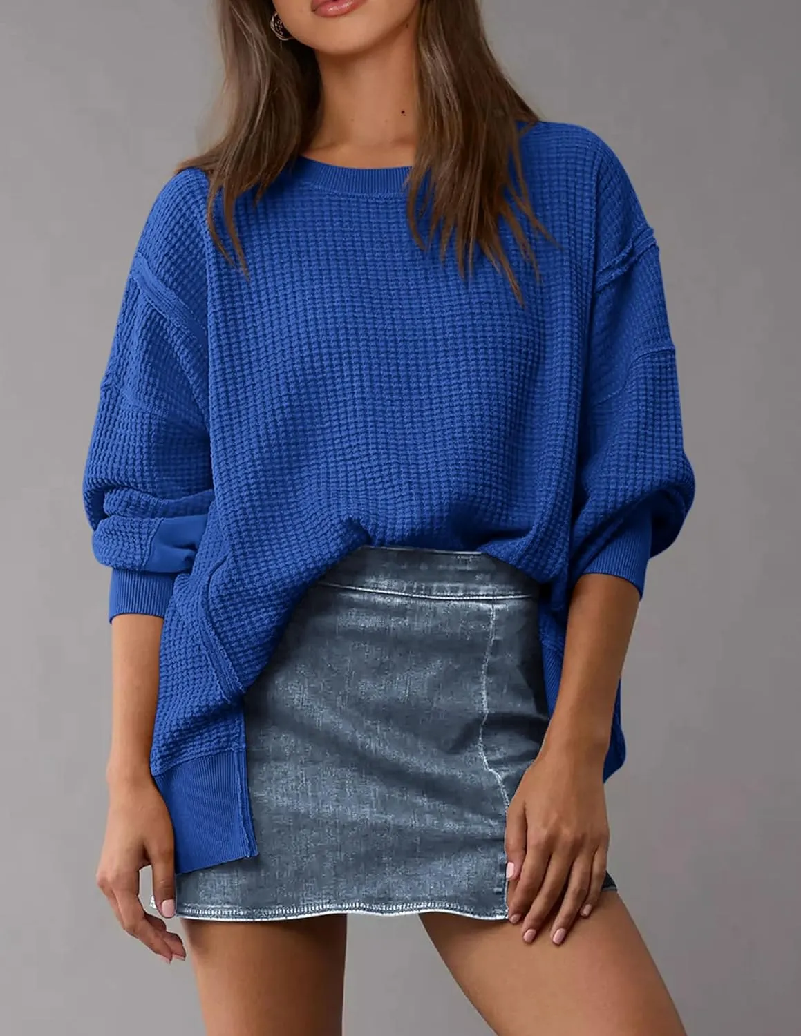 PRETTYGARDEN Women's Oversized Crewneck Sweatshirts Fall Fashion Casual Long Sleeve Pullover Waffle Knit Spring Shirts Top