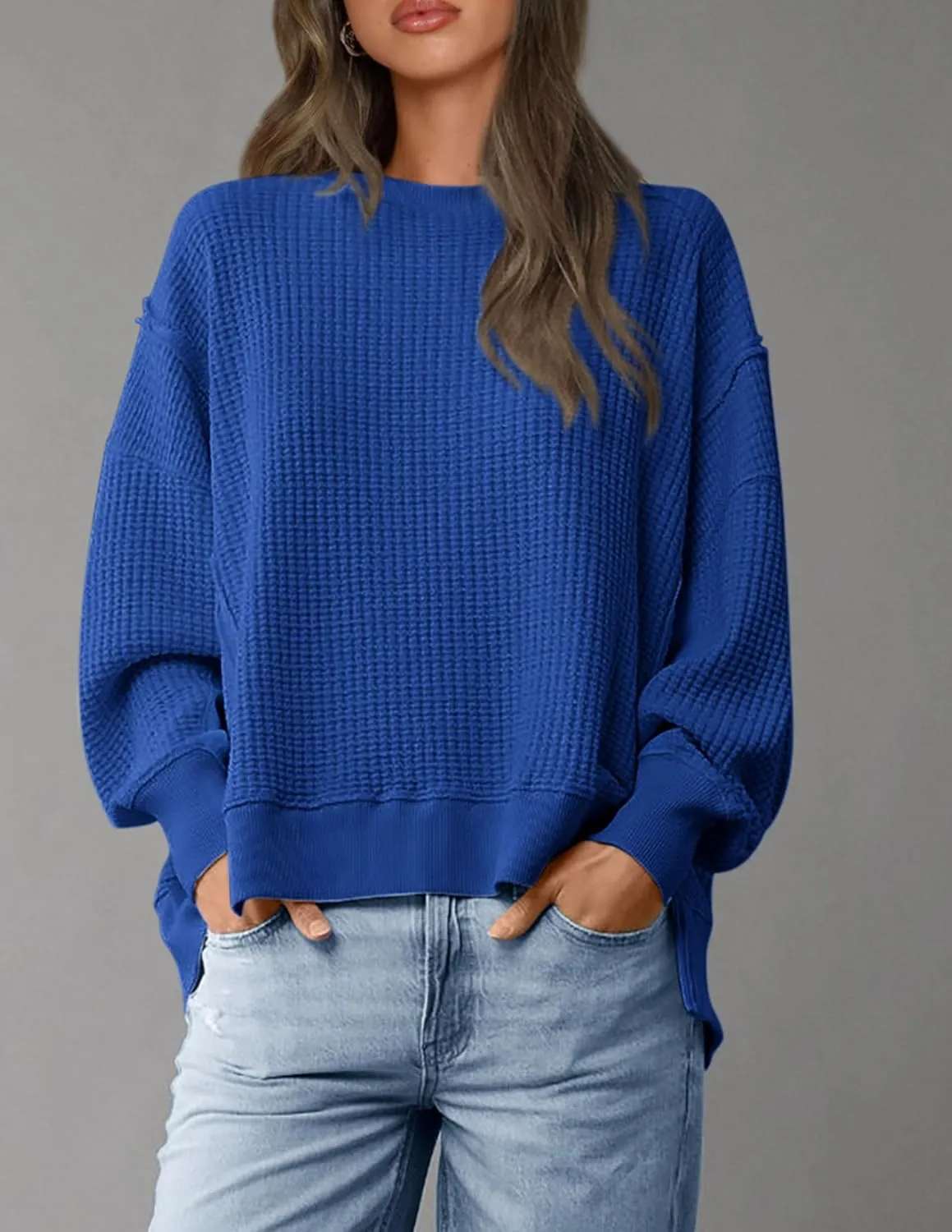 PRETTYGARDEN Women's Oversized Crewneck Sweatshirts Fall Fashion Casual Long Sleeve Pullover Waffle Knit Spring Shirts Top