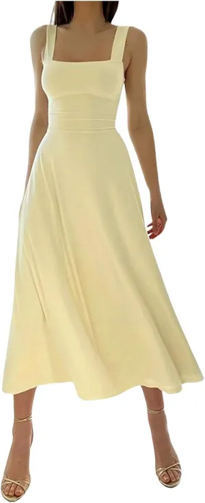 PTOLOCIF Women's Solid Color Thick Shoulder Strap Slim Fit Lace Up Waist Dress Casual Skirt Plus Size Dress Suits