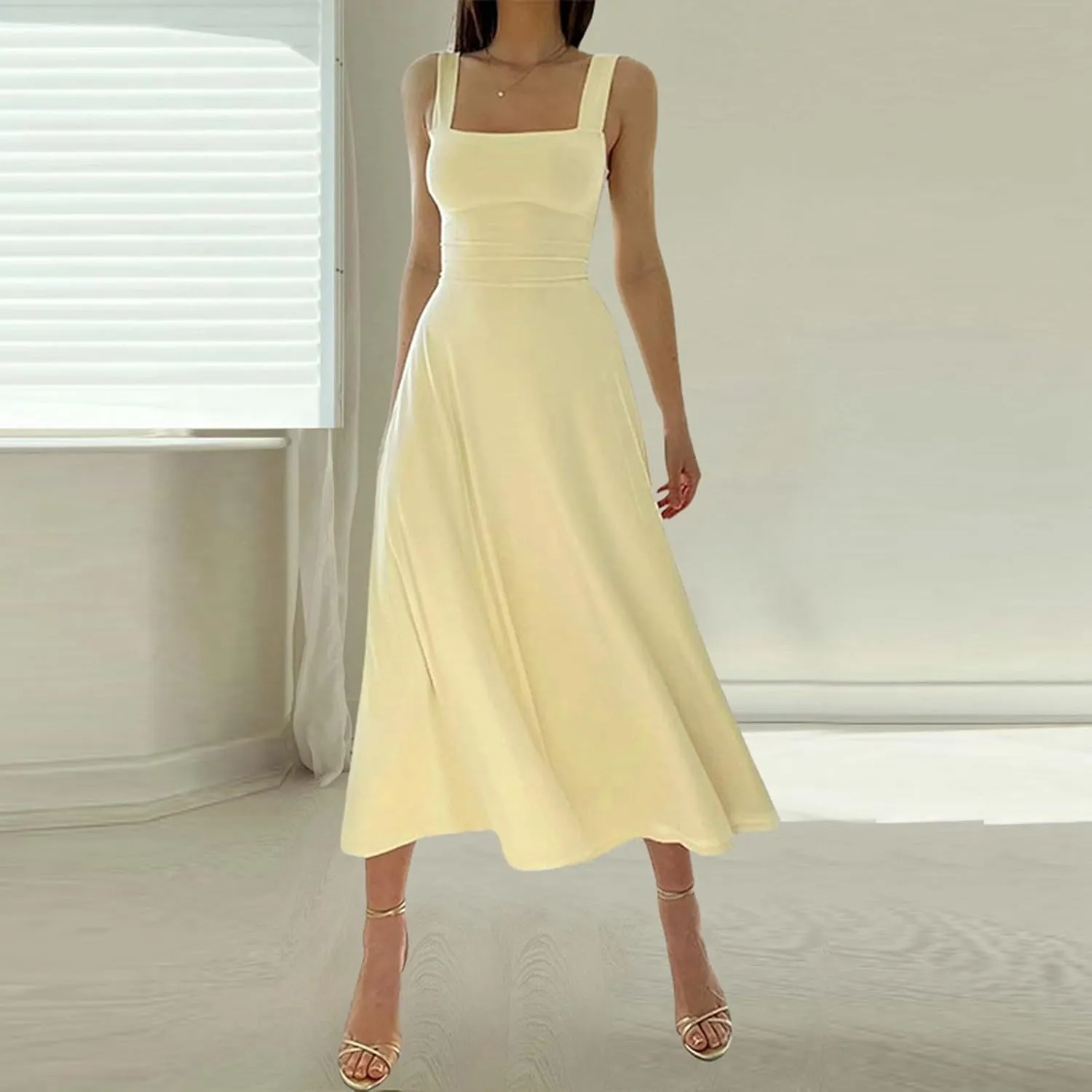 PTOLOCIF Women's Solid Color Thick Shoulder Strap Slim Fit Lace Up Waist Dress Casual Skirt Plus Size Dress Suits