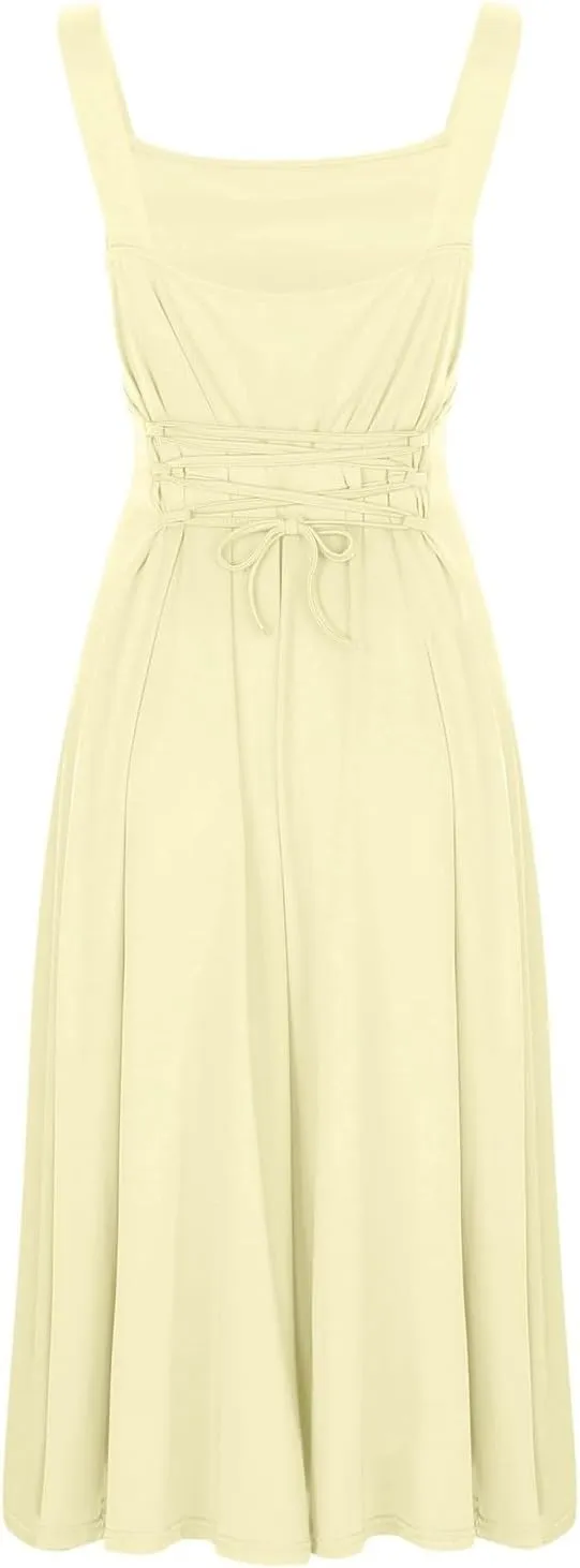 PTOLOCIF Women's Solid Color Thick Shoulder Strap Slim Fit Lace Up Waist Dress Casual Skirt Plus Size Dress Suits