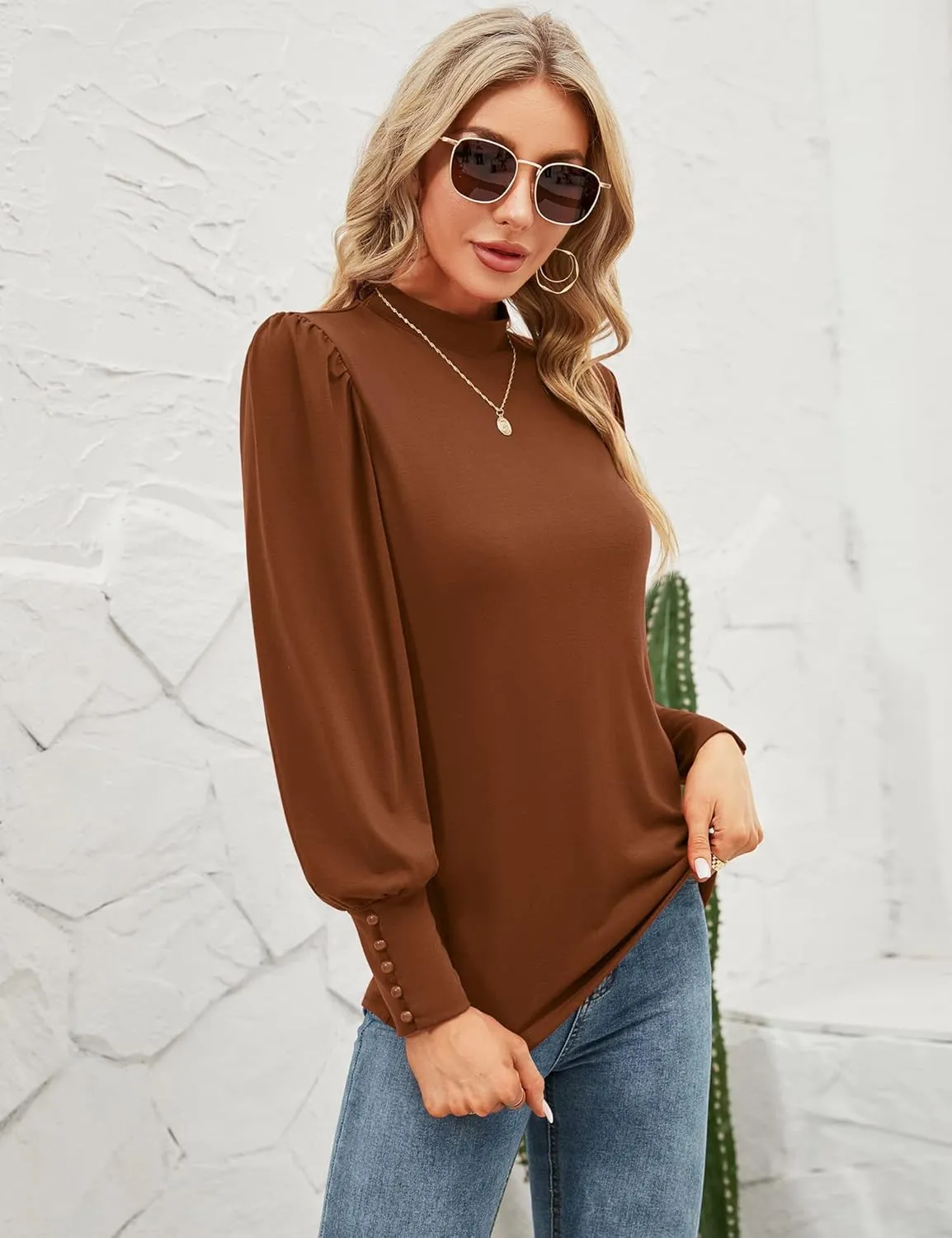 Qirno Womens Mock Neck Puff Long Sleeve Tops Casual Loose Solid Basic T Shirt Button Cuffs Pullovers Shirts Blouse