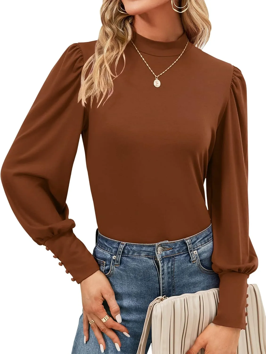 Qirno Womens Mock Neck Puff Long Sleeve Tops Casual Loose Solid Basic T Shirt Button Cuffs Pullovers Shirts Blouse
