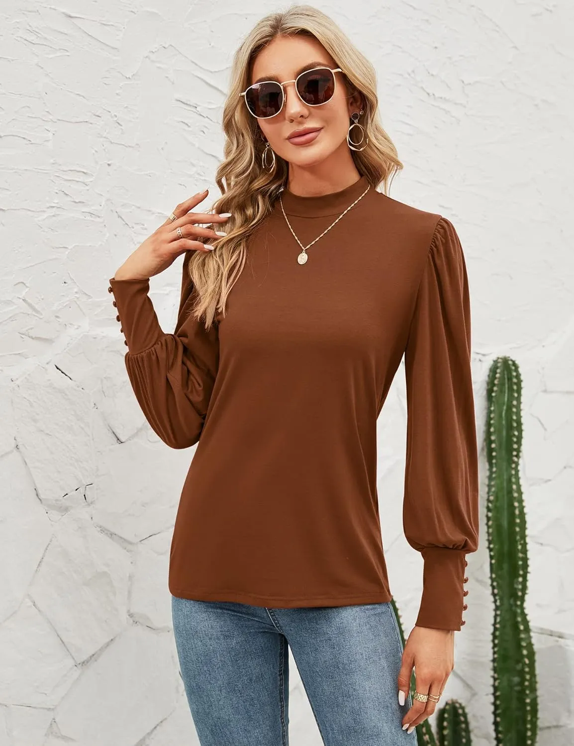 Qirno Womens Mock Neck Puff Long Sleeve Tops Casual Loose Solid Basic T Shirt Button Cuffs Pullovers Shirts Blouse