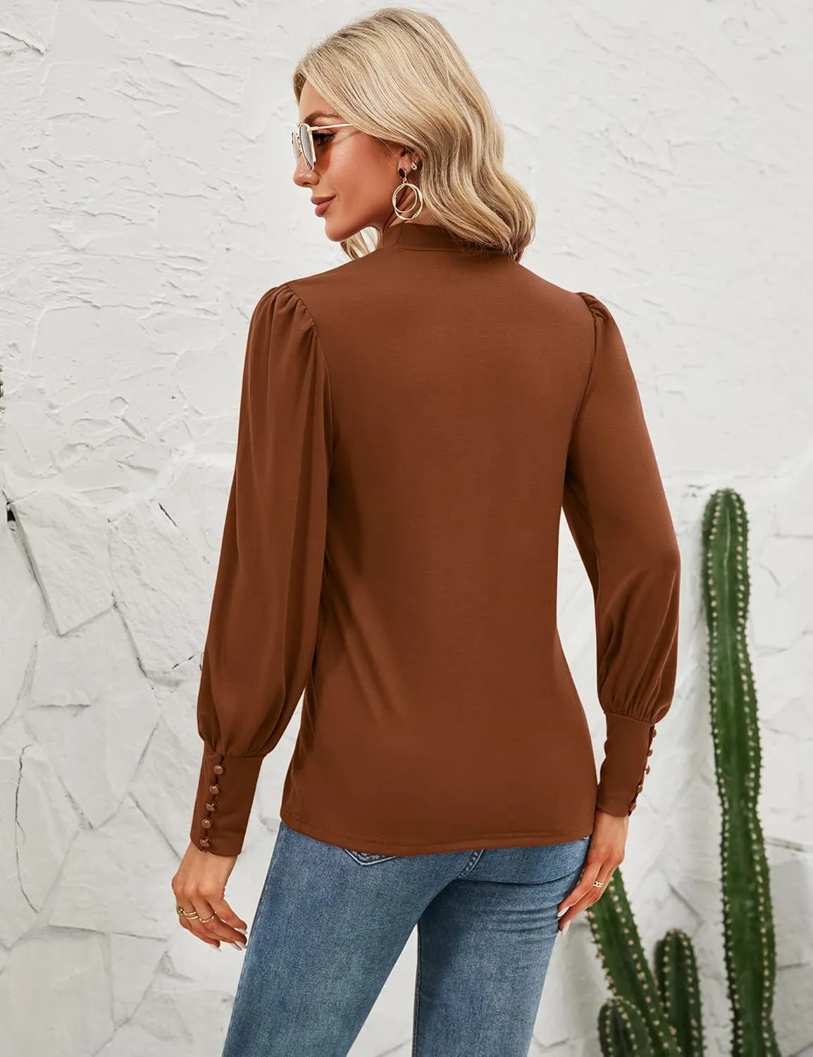 Qirno Womens Mock Neck Puff Long Sleeve Tops Casual Loose Solid Basic T Shirt Button Cuffs Pullovers Shirts Blouse