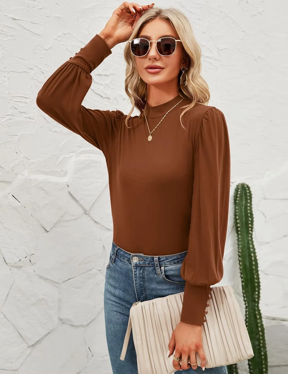 Qirno Womens Mock Neck Puff Long Sleeve Tops Casual Loose Solid Basic T Shirt Button Cuffs Pullovers Shirts Blouse