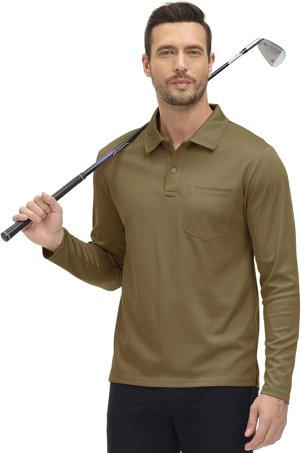 Rdruko Men's Polo with Pocket Long Sleeve Quick Dry Outdoor Golf Pullover Collared T-Shirt