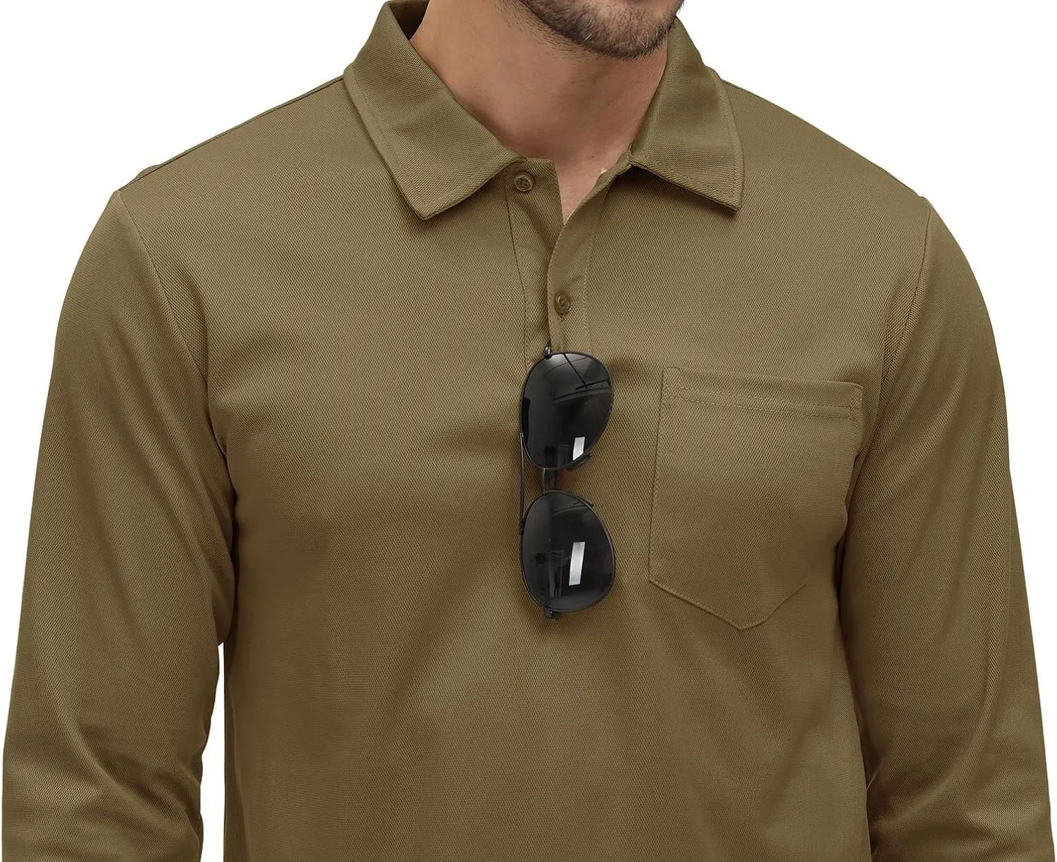 Rdruko Men's Polo with Pocket Long Sleeve Quick Dry Outdoor Golf Pullover Collared T-Shirt