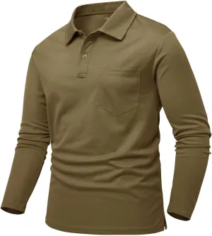 Rdruko Men's Polo with Pocket Long Sleeve Quick Dry Outdoor Golf Pullover Collared T-Shirt