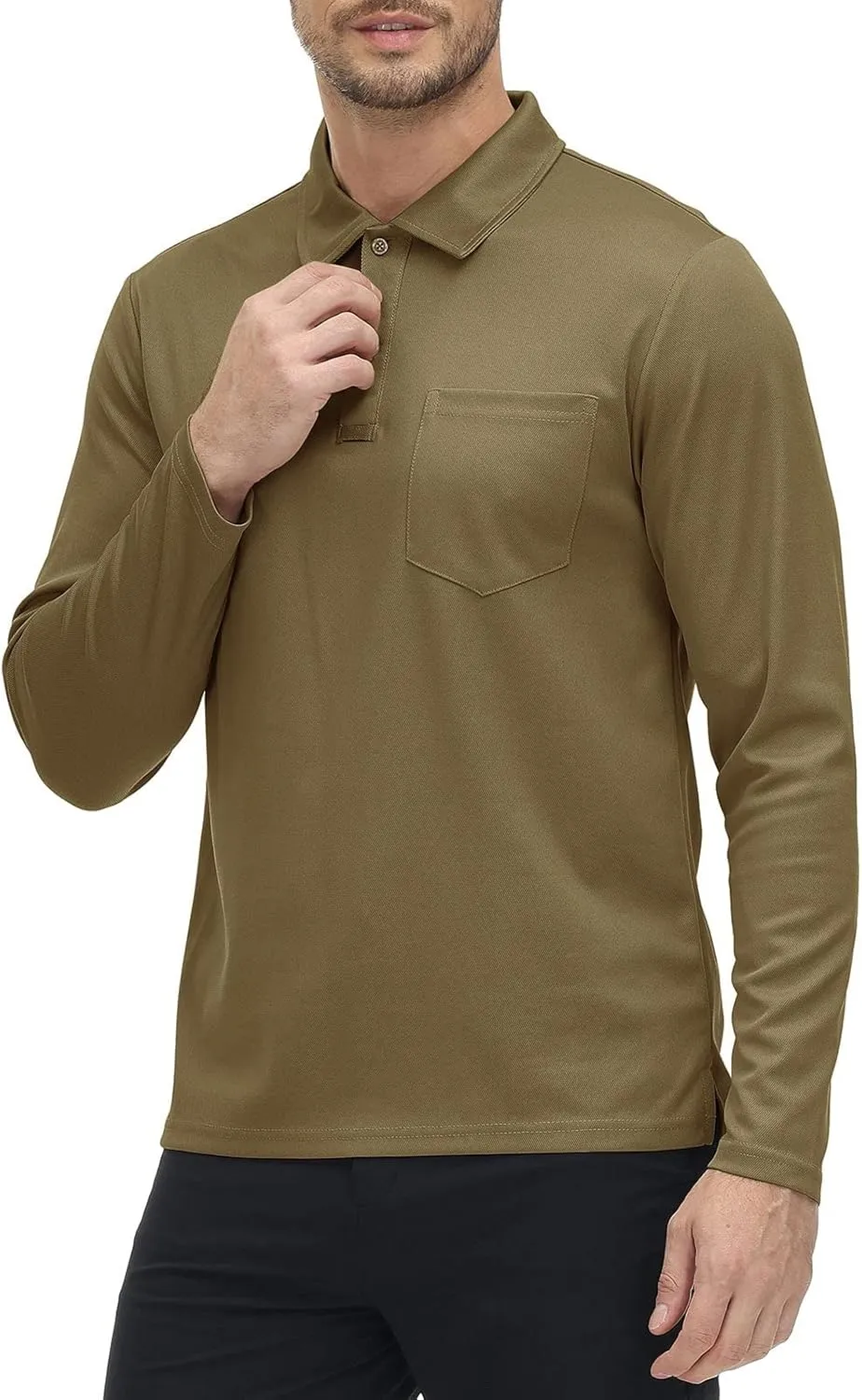 Rdruko Men's Polo with Pocket Long Sleeve Quick Dry Outdoor Golf Pullover Collared T-Shirt
