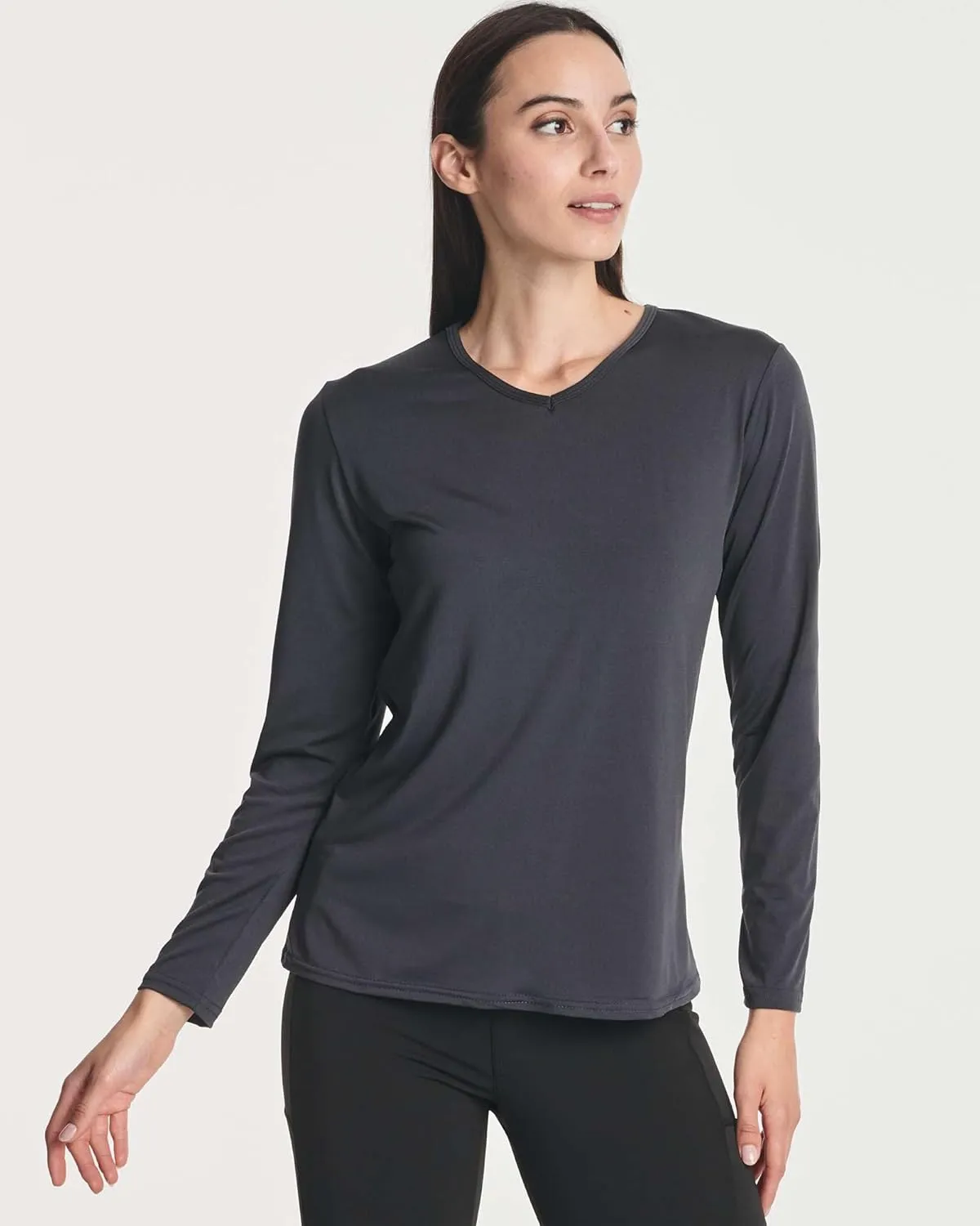 Real Essentials 4-Pack: Women's Dry-Fit Long-Sleeve V-Neck Athletic Workout Shirt (Available in Plus Size)
