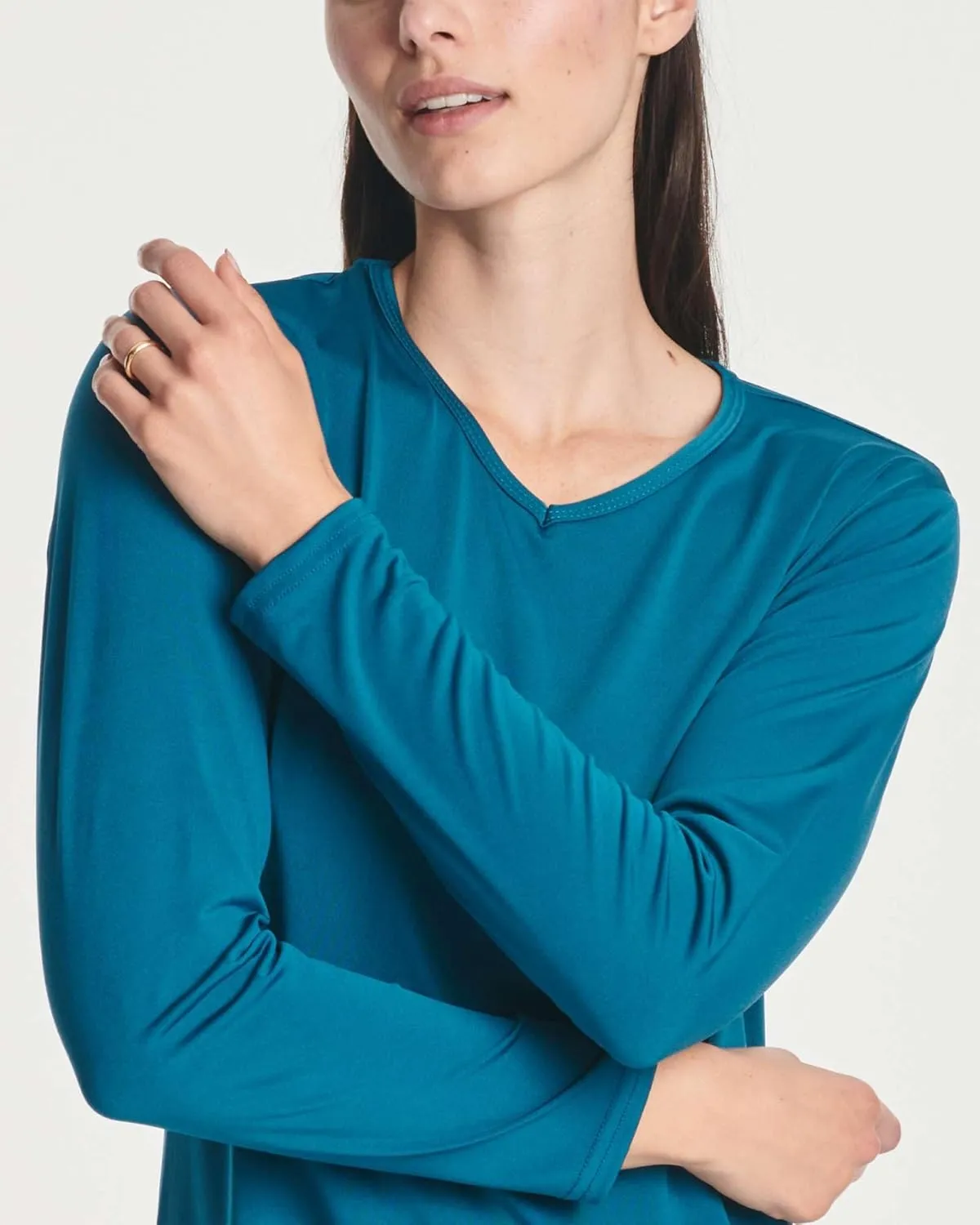 Real Essentials 4-Pack: Women's Dry-Fit Long-Sleeve V-Neck Athletic Workout Shirt (Available in Plus Size)