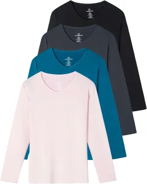Real Essentials 4-Pack: Women's Dry-Fit Long-Sleeve V-Neck Athletic Workout Shirt (Available in Plus Size)