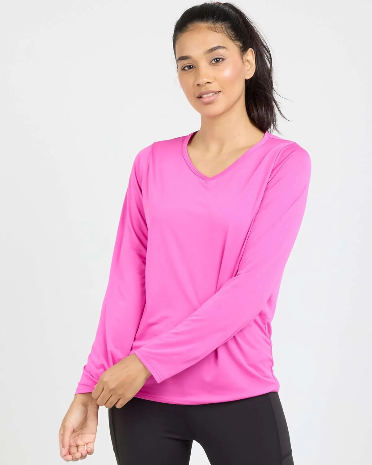 Real Essentials 4-Pack: Women's Dry-Fit Long-Sleeve V-Neck Athletic Workout Shirt (Available in Plus Size)