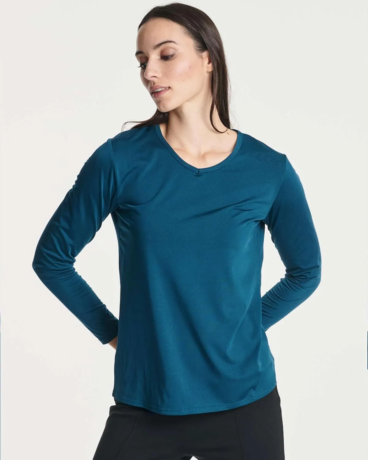 Real Essentials 4-Pack: Women's Dry-Fit Long-Sleeve V-Neck Athletic Workout Shirt (Available in Plus Size)
