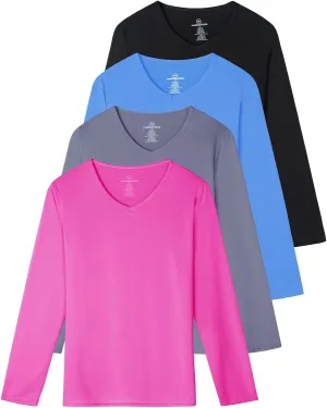 Real Essentials 4-Pack: Women's Dry-Fit Long-Sleeve V-Neck Athletic Workout Shirt (Available in Plus Size)