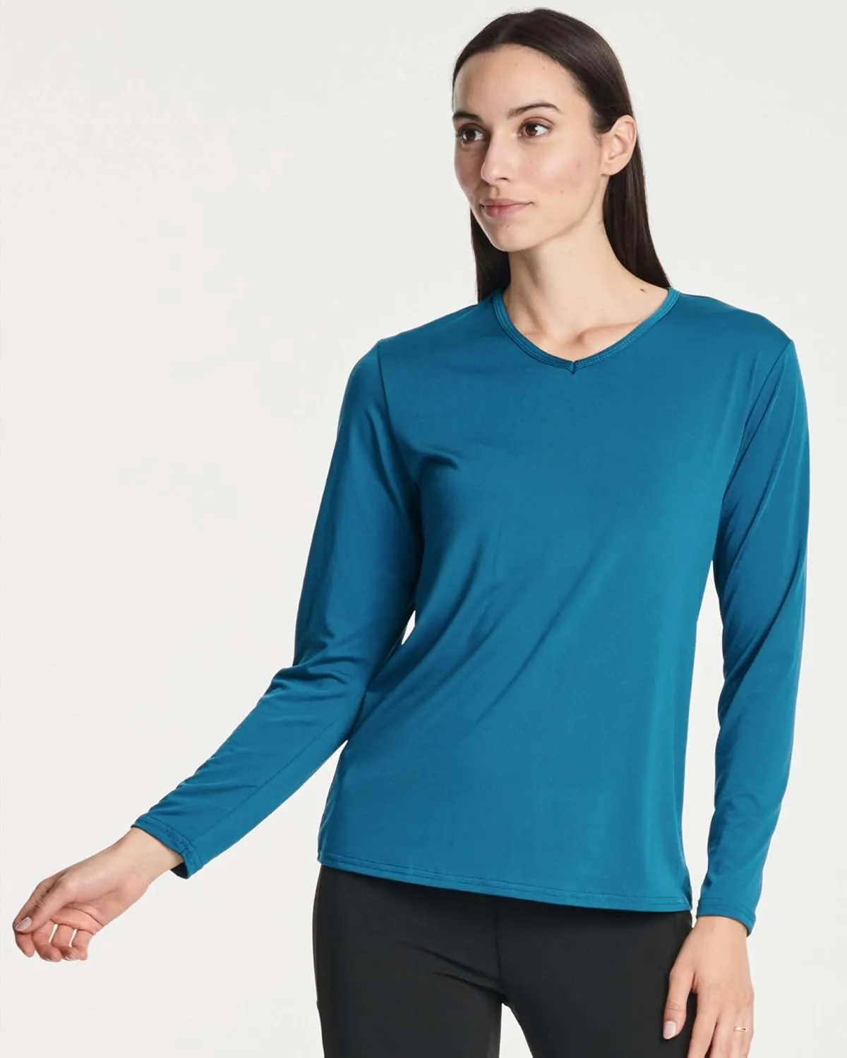 Real Essentials 4-Pack: Women's Dry-Fit Long-Sleeve V-Neck Athletic Workout Shirt (Available in Plus Size)