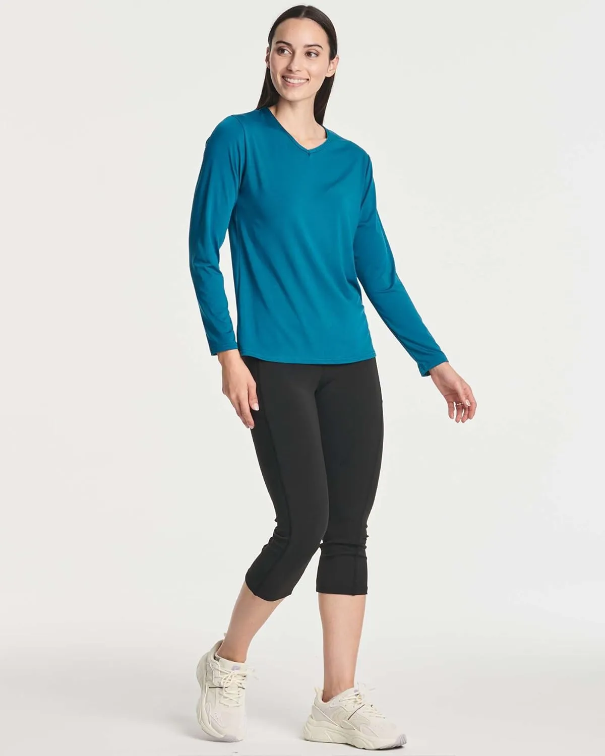 Real Essentials 4-Pack: Women's Dry-Fit Long-Sleeve V-Neck Athletic Workout Shirt (Available in Plus Size)