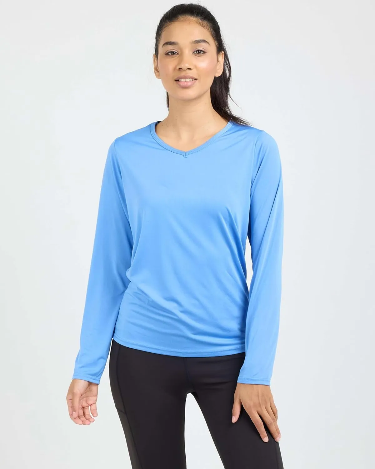 Real Essentials 4-Pack: Women's Dry-Fit Long-Sleeve V-Neck Athletic Workout Shirt (Available in Plus Size)