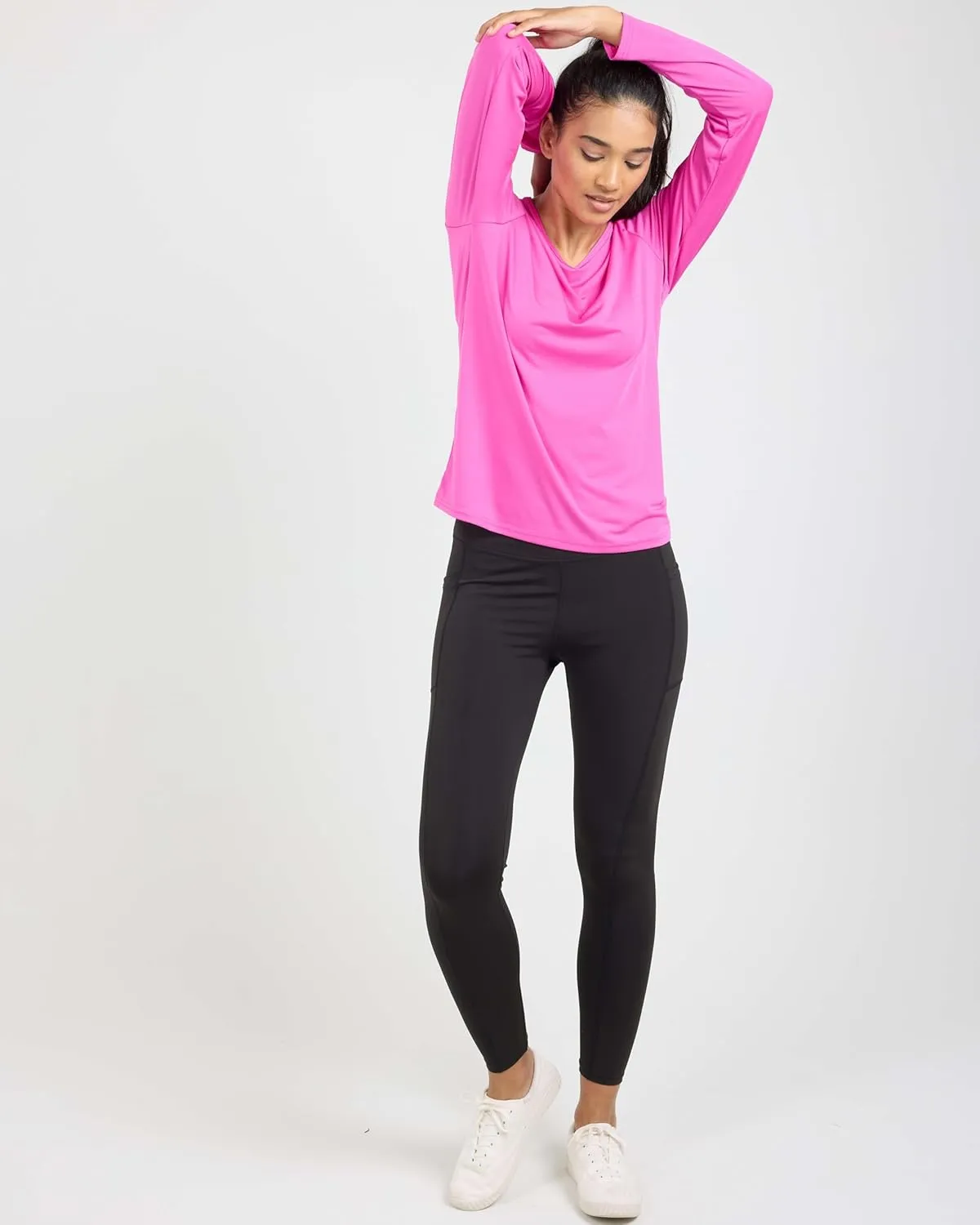 Real Essentials 4-Pack: Women's Dry-Fit Long-Sleeve V-Neck Athletic Workout Shirt (Available in Plus Size)