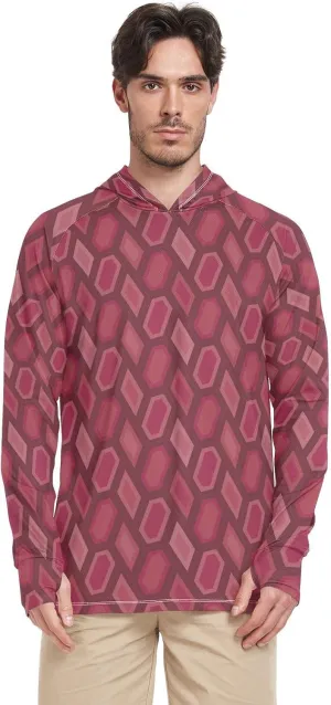 Red Irregular Line Men's Sun Protection Hoodie Long Sleeve UPF 50   Mens Sun Shirts Quick Dry Mens Rash Guard UV Sun Proof Shirts Camisas para Hombres de Trabajo construccin Manga Larga